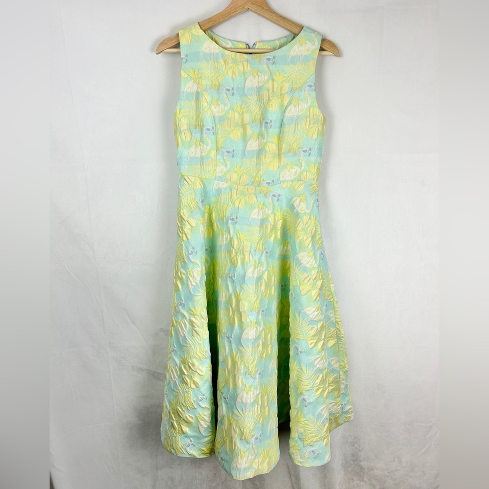 Brocade Fit Flare Sleeveless Midi Dress Small‎ Hawaiian Floral Flamingo Cocktail
